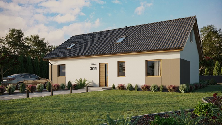 Projekt ERDOL 3 XL - Wersja lewa (salon po lewej stronie) - Dwuspadowy z poddaszem użytkowym – kąt nachylenia 35 stopni - Dwa okna dachowe pokojowe - Okna standardowe - Styropian, siatka i klej - Winchester - Bez instalacji fotowoltaicznej