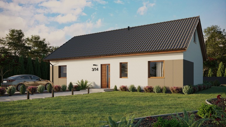 Projekt ERDOL 3 XL - Wersja lewa (salon po lewej stronie) - Dwuspadowy z poddaszem użytkowym – kąt nachylenia 35 stopni - Bez okien/świetlików dachowych - Okna standardowe - Styropian, siatka i klej - Złoty dąb - Bez instalacji fotowoltaicznej