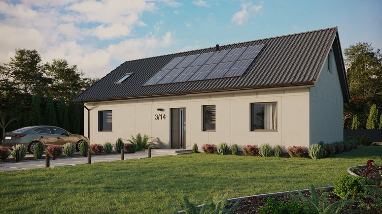 Projekt ERDOL 3 XL - Wersja lewa (salon po lewej stronie) - Dwuspadowy z poddaszem użytkowym – kąt nachylenia 35 stopni - Okno dachowe pokojowe i łazienkowe - Okna standardowe - Bez styropianu, siatki i kleju - Antracyt - Instalacja fotowoltaiczna 4,8 kWp (12 paneli)