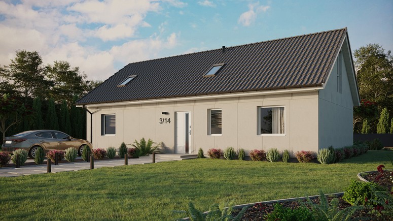 Projekt ERDOL 3 XL - Wersja lewa (salon po lewej stronie) - Dwuspadowy z poddaszem użytkowym – kąt nachylenia 35 stopni - Dwa okna dachowe pokojowe i okno dachowe łazienkowe - Okno balkonowe w jadalni i okna na poddaszu do podłogi - Bez styropianu, siatki i kleju - Biały - Bez instalacji fotowoltaicznej