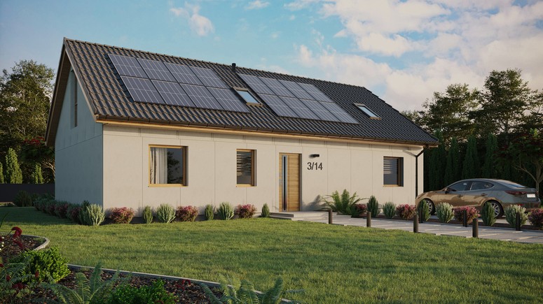 Projekt ERDOL 3 XL - Wersja prawa (salon po prawej stronie) - Dwuspadowy z poddaszem użytkowym – kąt nachylenia 35 stopni - Dwa okna dachowe pokojowe - Okno balkonowe w jadalni i okna na poddaszu do podłogi - Bez styropianu, siatki i kleju - Winchester - Instalacja fotowoltaiczna 6,4 kWp (16 paneli)
