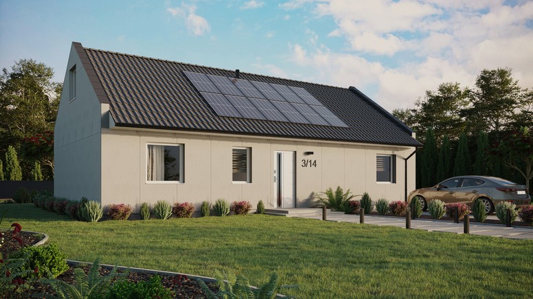 Projekt ERDOL 3 XL - Wersja prawa (salon po prawej stronie) - Dwuspadowy nowoczesny z poddaszem użytkowym – kąt nachylenia 35 stopni - Bez okien/świetlików dachowych - Okna standardowe - Bez styropianu, siatki i kleju - Biały - Instalacja fotowoltaiczna 4,8 kWp (12 paneli)
