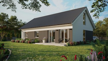 Projekt ERDOL 3 XL - Wersja lewa (salon po lewej stronie) - Dwuspadowy z poddaszem użytkowym – kąt nachylenia 35 stopni - Bez okien/świetlików dachowych - Okno balkonowe w jadalni i okna na poddaszu do podłogi - Styropian, siatka i klej - Biały - Instalacja fotowoltaiczna 6,4 kWp (16 paneli)