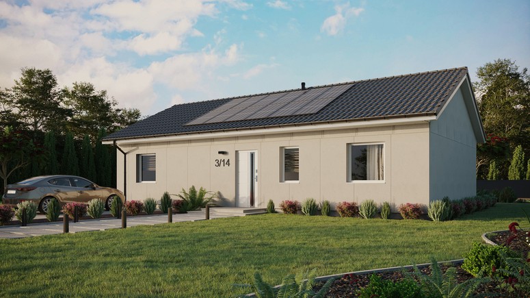 Projekt ERDOL 3 XL - Wersja lewa (salon po lewej stronie) - Dwuspadowy bez poddasza użytkowego – kąt nachylenia 25 stopni - Bez okien/świetlików dachowych - Okna standardowe - Bez styropianu, siatki i kleju - Biały - Instalacja fotowoltaiczna 4,8 kWp (12 paneli)