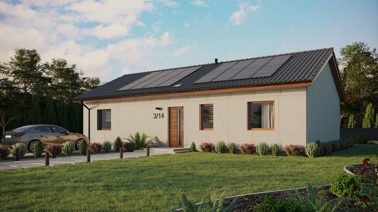 Projekt ERDOL 3 XL - Wersja lewa (salon po lewej stronie) - Dwuspadowy bez poddasza użytkowego – kąt nachylenia 25 stopni - Świetlik dachowy - Okna standardowe - Bez styropianu, siatki i kleju - Złoty dąb - Instalacja fotowoltaiczna 6,4 kWp (16 paneli)