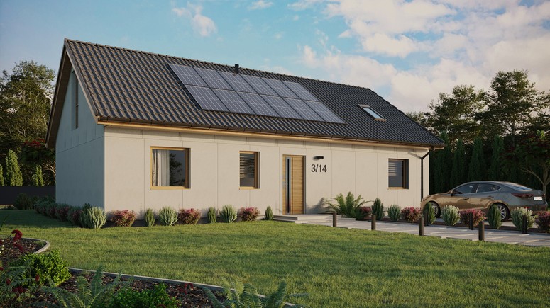 Projekt ERDOL 3 XL - Wersja prawa (salon po prawej stronie) - Dwuspadowy z poddaszem użytkowym – kąt nachylenia 35 stopni - Okno dachowe pokojowe i łazienkowe - Okno balkonowe w jadalni i okna na poddaszu do podłogi - Bez styropianu, siatki i kleju - Winchester - Instalacja fotowoltaiczna 4,8 kWp (12 paneli)