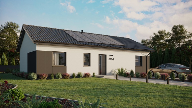 Projekt ERDOL 3 XL - Wersja prawa (salon po prawej stronie) - Dwuspadowy bez poddasza użytkowego – kąt nachylenia 25 stopni - Bez okien/świetlików dachowych - Okna standardowe - Styropian, siatka i klej - Antracyt - Instalacja fotowoltaiczna 4,8 kWp (12 paneli)