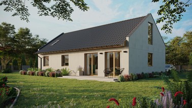 Projekt ERDOL 3 XL - Wersja lewa (salon po lewej stronie) - Dwuspadowy nowoczesny z poddaszem użytkowym – kąt nachylenia 35 stopni - Okno dachowe pokojowe i łazienkowe - Okna na poddaszu do podłogi - Bez styropianu, siatki i kleju - Winchester - Instalacja fotowoltaiczna 8,0 kWp (20 paneli)