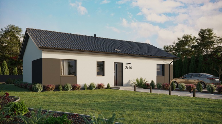 Projekt ERDOL 3 XL - Wersja prawa (salon po prawej stronie) - Dwuspadowy bez poddasza użytkowego – kąt nachylenia 25 stopni - Świetlik dachowy - Okna standardowe - Styropian, siatka i klej - Antracyt - Bez instalacji fotowoltaicznej