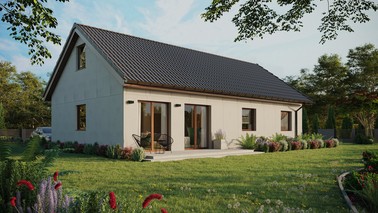 Projekt ERDOL 3 XL - Wersja prawa (salon po prawej stronie) - Dwuspadowy z poddaszem użytkowym – kąt nachylenia 35 stopni - Bez okien/świetlików dachowych - Okna standardowe - Bez styropianu, siatki i kleju - Orzech - Bez instalacji fotowoltaicznej