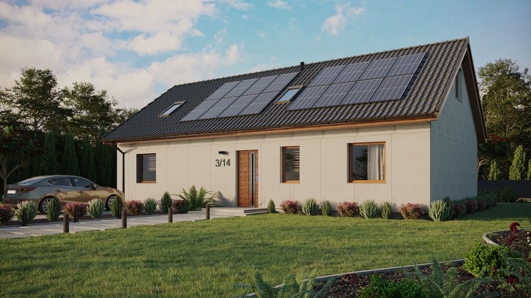 Projekt ERDOL 3 XL - Wersja lewa (salon po lewej stronie) - Dwuspadowy z poddaszem użytkowym – kąt nachylenia 35 stopni - Dwa okna dachowe pokojowe i okno dachowe łazienkowe - Okna standardowe - Bez styropianu, siatki i kleju - Złoty dąb - Instalacja fotowoltaiczna 6,4 kWp (16 paneli)