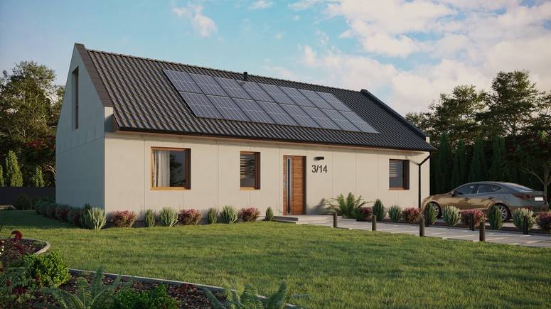 Projekt ERDOL 3 XL - Wersja prawa (salon po prawej stronie) - Dwuspadowy nowoczesny z poddaszem użytkowym – kąt nachylenia 35 stopni - Bez okien/świetlików dachowych - Okna na poddaszu do podłogi - Bez styropianu, siatki i kleju - Złoty dąb - Instalacja fotowoltaiczna 6,4 kWp (16 paneli)