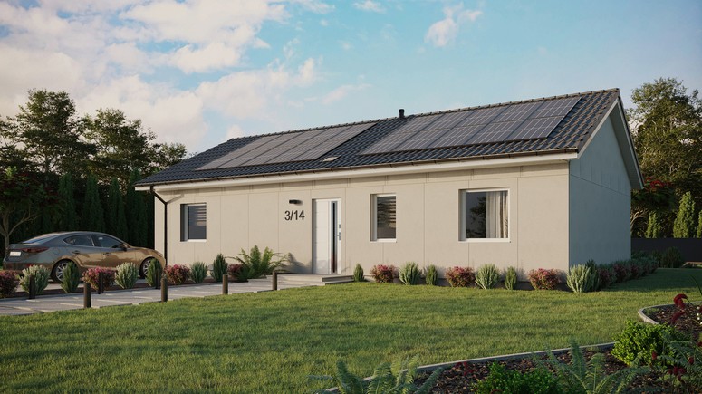 Projekt ERDOL 3 XL - Wersja lewa (salon po lewej stronie) - Dwuspadowy bez poddasza użytkowego – kąt nachylenia 25 stopni - Świetlik dachowy - Okna standardowe - Bez styropianu, siatki i kleju - Biały - Instalacja fotowoltaiczna 8,0 kWp (20 paneli)