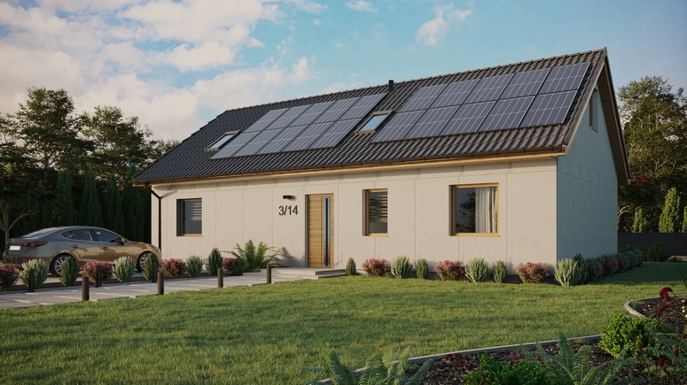Projekt ERDOL 3 XL - Wersja lewa (salon po lewej stronie) - Dwuspadowy z poddaszem użytkowym – kąt nachylenia 35 stopni - Dwa okna dachowe pokojowe i okno dachowe łazienkowe - Okna standardowe - Bez styropianu, siatki i kleju - Winchester - Instalacja fotowoltaiczna 8,0 kWp (20 paneli)