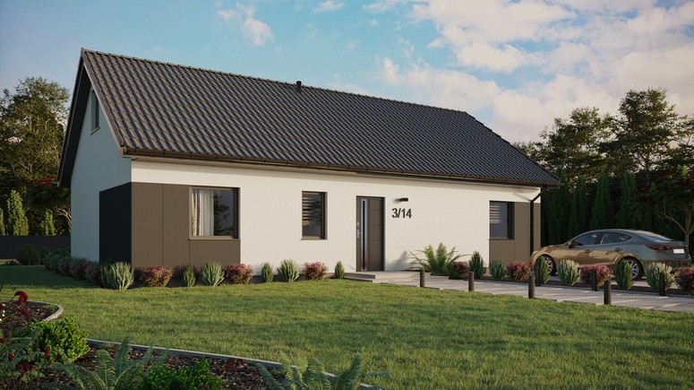 Projekt ERDOL 3 XL - Wersja prawa (salon po prawej stronie) - Dwuspadowy z poddaszem użytkowym – kąt nachylenia 35 stopni - Bez okien/świetlików dachowych - Okna standardowe - Styropian, siatka i klej - Antracyt - Bez instalacji fotowoltaicznej