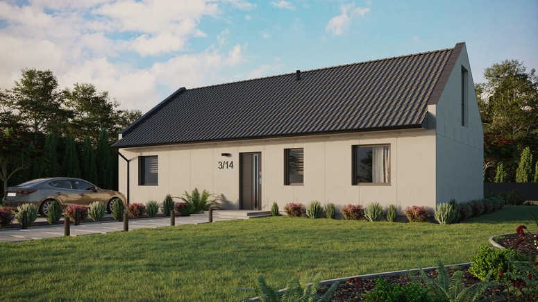 Projekt ERDOL 3 XL - Wersja lewa (salon po lewej stronie) - Dwuspadowy nowoczesny z poddaszem użytkowym – kąt nachylenia 35 stopni - Bez okien/świetlików dachowych - Okna na poddaszu do podłogi - Bez styropianu, siatki i kleju - Antracyt - Bez instalacji fotowoltaicznej