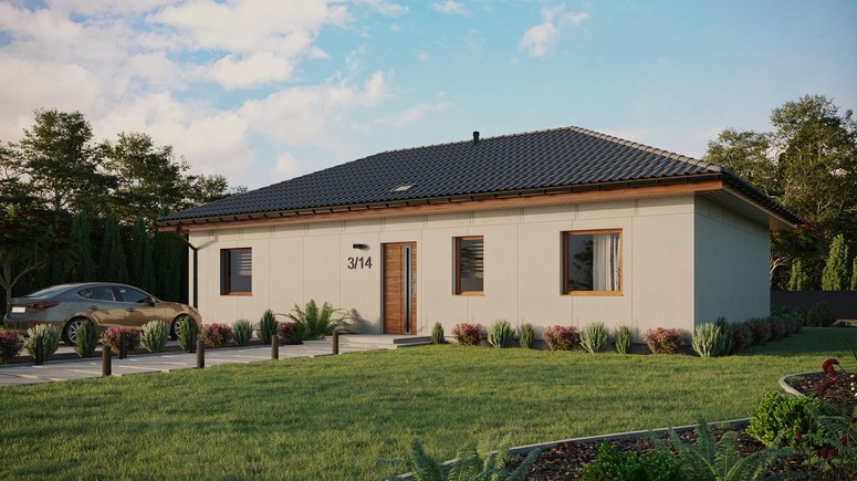 Projekt ERDOL 3 XL - Wersja lewa (salon po lewej stronie) - Czterospadowy bez poddasza użytkowego – kąt nachylenia 25 stopni - Świetlik dachowy - Okno balkonowe w jadalni - Bez styropianu, siatki i kleju - Złoty dąb