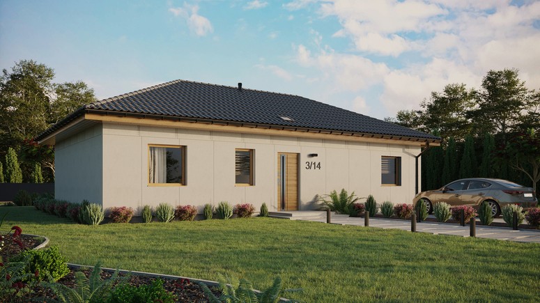 Projekt ERDOL 3 XL - Wersja prawa (salon po prawej stronie) - Czterospadowy bez poddasza użytkowego – kąt nachylenia 25 stopni - Świetlik dachowy - Okna standardowe - Bez styropianu, siatki i kleju - Winchester