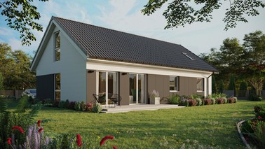 Projekt ERDOL 3 XL - Wersja prawa (salon po prawej stronie) - Dwuspadowy z poddaszem użytkowym – kąt nachylenia 35 stopni - Okno dachowe pokojowe i łazienkowe - Okno balkonowe w jadalni i okna na poddaszu do podłogi - Styropian, siatka i klej - Biały - Bez instalacji fotowoltaicznej