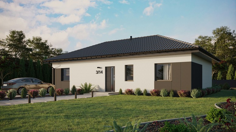 Projekt ERDOL 3 XL - Wersja lewa (salon po lewej stronie) - Czterospadowy bez poddasza użytkowego – kąt nachylenia 25 stopni - Bez okien/świetlików dachowych - Okna standardowe - Styropian, siatka i klej - Antracyt