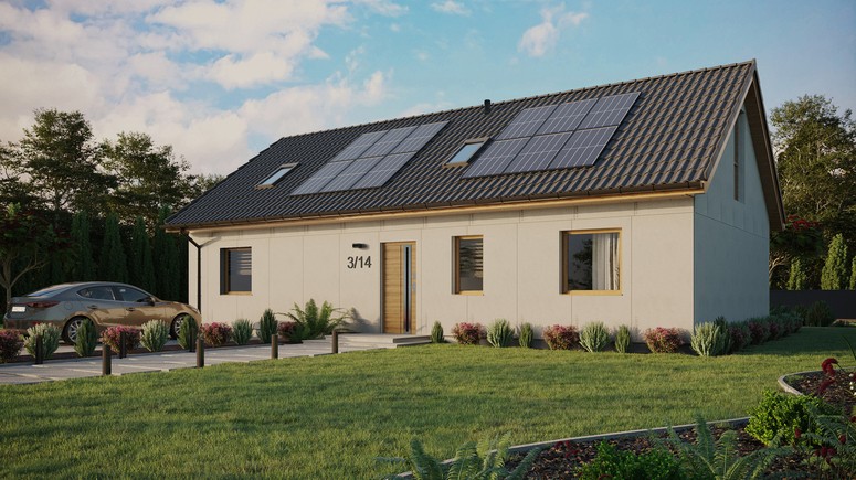 Projekt ERDOL 3 XL - Wersja lewa (salon po lewej stronie) - Dwuspadowy z poddaszem użytkowym – kąt nachylenia 35 stopni - Dwa okna dachowe pokojowe i okno dachowe łazienkowe - Okna na poddaszu do podłogi - Bez styropianu, siatki i kleju - Winchester - Instalacja fotowoltaiczna 4,8 kWp (12 paneli)