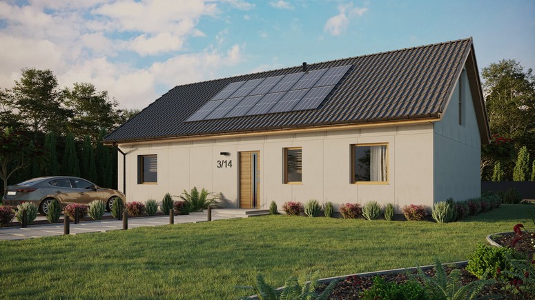 Projekt ERDOL 3 XL - Wersja lewa (salon po lewej stronie) - Dwuspadowy z poddaszem użytkowym – kąt nachylenia 35 stopni - Bez okien/świetlików dachowych - Okna na poddaszu do podłogi - Bez styropianu, siatki i kleju - Winchester - Instalacja fotowoltaiczna 4,8 kWp (12 paneli)