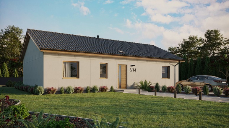 Projekt ERDOL 3 XL - Wersja prawa (salon po prawej stronie) - Dwuspadowy bez poddasza użytkowego – kąt nachylenia 25 stopni - Świetlik dachowy - Okna standardowe - Bez styropianu, siatki i kleju - Winchester - Bez instalacji fotowoltaicznej