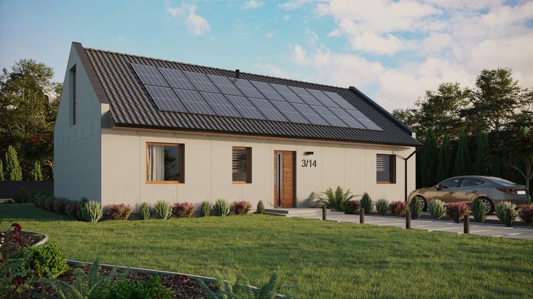 Projekt ERDOL 3 XL - Wersja prawa (salon po prawej stronie) - Dwuspadowy nowoczesny z poddaszem użytkowym – kąt nachylenia 35 stopni - Bez okien/świetlików dachowych - Okno balkonowe w jadalni i okna na poddaszu do podłogi - Bez styropianu, siatki i kleju - Złoty dąb - Instalacja fotowoltaiczna 8,0 kWp (20 paneli)