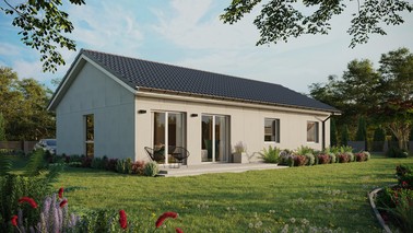 Projekt ERDOL 3 XL - Wersja prawa (salon po prawej stronie) - Dwuspadowy bez poddasza użytkowego – kąt nachylenia 25 stopni - Bez okien/świetlików dachowych - Okno balkonowe w jadalni - Bez styropianu, siatki i kleju - Biały - Bez instalacji fotowoltaicznej