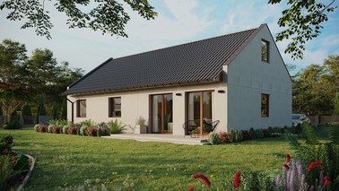 Projekt ERDOL 3 XL - Wersja lewa (salon po lewej stronie) - Dwuspadowy nowoczesny z poddaszem użytkowym – kąt nachylenia 35 stopni - Dwa okna dachowe pokojowe - Okna standardowe - Bez styropianu, siatki i kleju - Orzech - Bez instalacji fotowoltaicznej