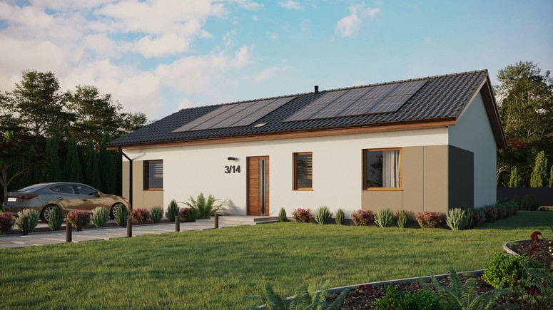 Projekt ERDOL 3 XL - Wersja lewa (salon po lewej stronie) - Dwuspadowy bez poddasza użytkowego – kąt nachylenia 25 stopni - Świetlik dachowy - Okna standardowe - Styropian, siatka i klej - Złoty dąb - Instalacja fotowoltaiczna 6,4 kWp (16 paneli)