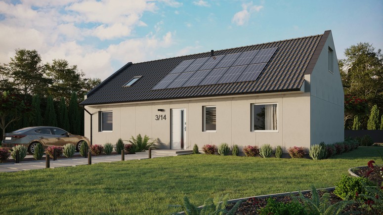 Projekt ERDOL 3 XL - Wersja lewa (salon po lewej stronie) - Dwuspadowy nowoczesny z poddaszem użytkowym – kąt nachylenia 35 stopni - Okno dachowe pokojowe i łazienkowe - Okna standardowe - Bez styropianu, siatki i kleju - Biały - Instalacja fotowoltaiczna 4,8 kWp (12 paneli)