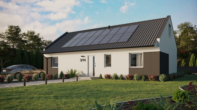 Projekt ERDOL 3 XL - Wersja lewa (salon po lewej stronie) - Dwuspadowy nowoczesny z poddaszem użytkowym – kąt nachylenia 35 stopni - Bez okien/świetlików dachowych - Okna standardowe - Styropian, siatka i klej - Biały - Instalacja fotowoltaiczna 6,4 kWp (16 paneli)
