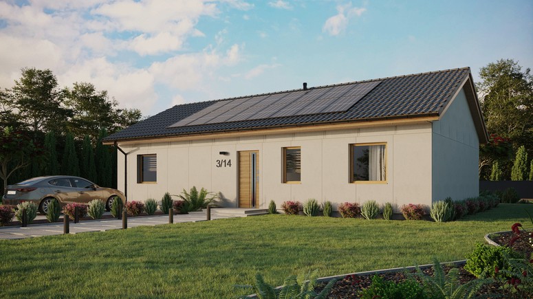 Projekt ERDOL 3 XL - Wersja lewa (salon po lewej stronie) - Dwuspadowy bez poddasza użytkowego – kąt nachylenia 25 stopni - Bez okien/świetlików dachowych - Okno balkonowe w jadalni - Bez styropianu, siatki i kleju - Winchester - Instalacja fotowoltaiczna 6,4 kWp (16 paneli)