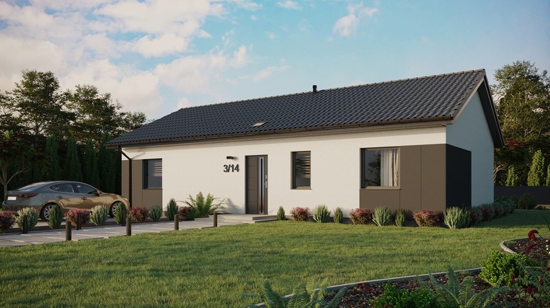 Projekt ERDOL 3 XL - Wersja lewa (salon po lewej stronie) - Dwuspadowy bez poddasza użytkowego – kąt nachylenia 25 stopni - Świetlik dachowy - Okna standardowe - Styropian, siatka i klej - Antracyt - Bez instalacji fotowoltaicznej