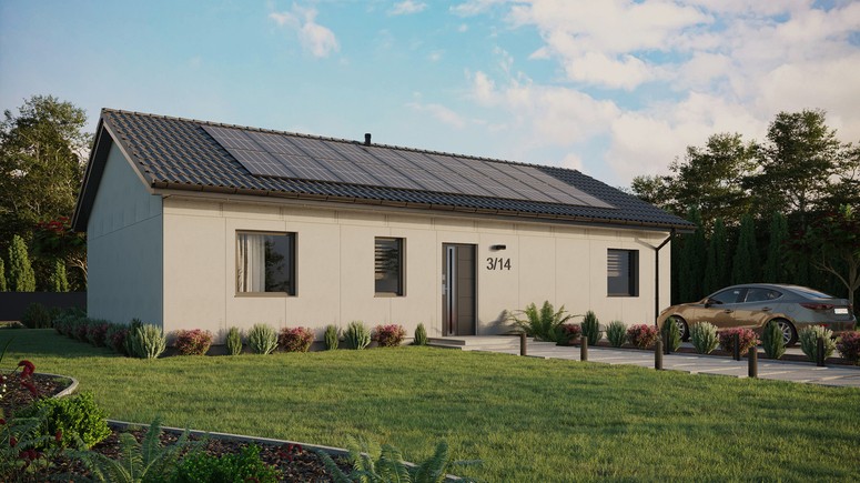 Projekt ERDOL 3 XL - Wersja prawa (salon po prawej stronie) - Dwuspadowy bez poddasza użytkowego – kąt nachylenia 25 stopni - Bez okien/świetlików dachowych - Okna standardowe - Bez styropianu, siatki i kleju - Antracyt - Instalacja fotowoltaiczna 8,0 kWp (20 paneli)