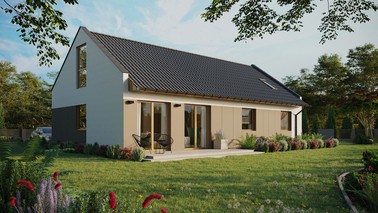 Projekt ERDOL 3 XL - Wersja prawa (salon po prawej stronie) - Dwuspadowy nowoczesny z poddaszem użytkowym – kąt nachylenia 35 stopni - Dwa okna dachowe pokojowe i okno dachowe łazienkowe - Okna na poddaszu do podłogi - Styropian, siatka i klej - Winchester - Instalacja fotowoltaiczna 4,8 kWp (12 paneli)