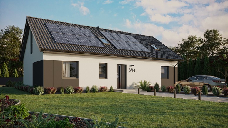Projekt ERDOL 3 XL - Wersja prawa (salon po prawej stronie) - Dwuspadowy z poddaszem użytkowym – kąt nachylenia 35 stopni - Dwa okna dachowe pokojowe - Okno balkonowe w jadalni i okna na poddaszu do podłogi - Styropian, siatka i klej - Antracyt - Instalacja fotowoltaiczna 6,4 kWp (16 paneli)