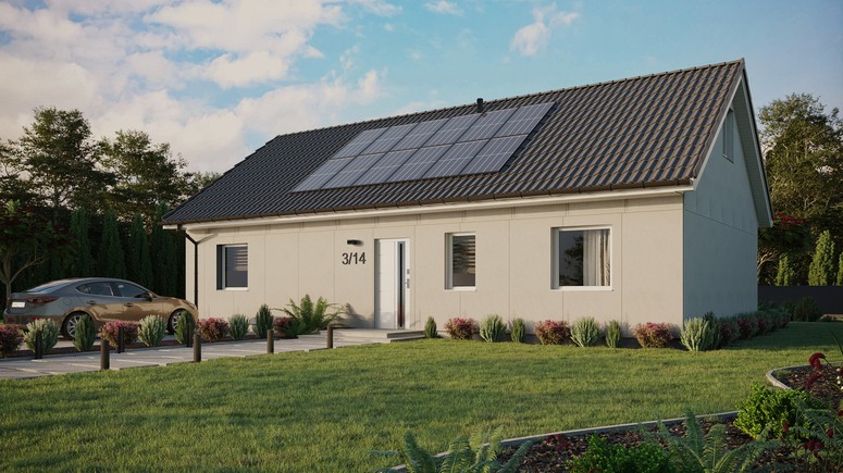 Projekt ERDOL 3 XL - Wersja lewa (salon po lewej stronie) - Dwuspadowy z poddaszem użytkowym – kąt nachylenia 35 stopni - Bez okien/świetlików dachowych - Okna standardowe - Bez styropianu, siatki i kleju - Biały - Instalacja fotowoltaiczna 4,8 kWp (12 paneli)