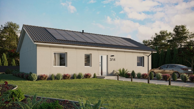 Projekt ERDOL 3 XL - Wersja prawa (salon po prawej stronie) - Dwuspadowy bez poddasza użytkowego – kąt nachylenia 25 stopni - Bez okien/świetlików dachowych - Okna standardowe - Bez styropianu, siatki i kleju - Biały - Instalacja fotowoltaiczna 8,0 kWp (20 paneli)