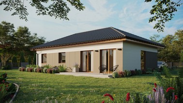 Projekt ERDOL 3 XL - Wersja lewa (salon po lewej stronie) - Czterospadowy bez poddasza użytkowego – kąt nachylenia 25 stopni - Bez okien/świetlików dachowych - Okno balkonowe w jadalni - Styropian, siatka i klej - Złoty dąb