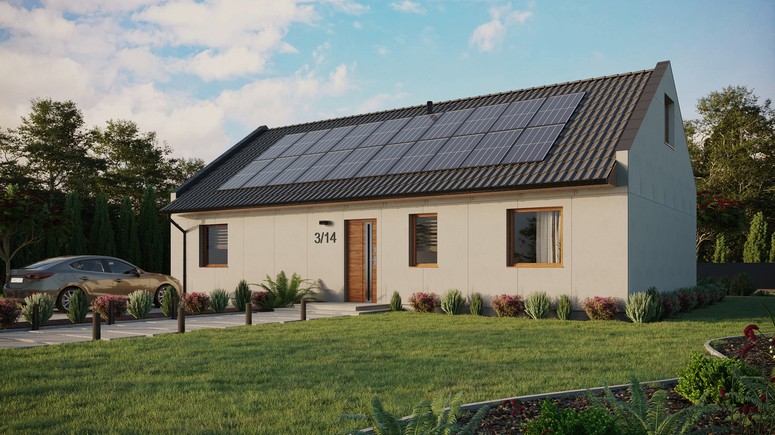 Projekt ERDOL 3 XL - Wersja lewa (salon po lewej stronie) - Dwuspadowy nowoczesny z poddaszem użytkowym – kąt nachylenia 35 stopni - Bez okien/świetlików dachowych - Okna standardowe - Bez styropianu, siatki i kleju - Złoty dąb - Instalacja fotowoltaiczna 8,0 kWp (20 paneli)