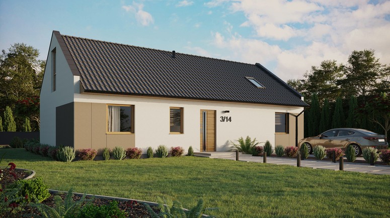 Projekt ERDOL 3 XL - Wersja prawa (salon po prawej stronie) - Dwuspadowy nowoczesny z poddaszem użytkowym – kąt nachylenia 35 stopni - Okno dachowe pokojowe i łazienkowe - Okno balkonowe w jadalni i okna na poddaszu do podłogi - Styropian, siatka i klej - Winchester - Bez instalacji fotowoltaicznej