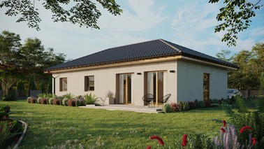 Projekt ERDOL 3 XL - Wersja lewa (salon po lewej stronie) - Czterospadowy bez poddasza użytkowego – kąt nachylenia 25 stopni - Bez okien/świetlików dachowych - Okno balkonowe w jadalni - Bez styropianu, siatki i kleju - Winchester