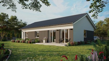 Projekt ERDOL 3 XL - Wersja lewa (salon po lewej stronie) - Dwuspadowy bez poddasza użytkowego – kąt nachylenia 25 stopni - Bez okien/świetlików dachowych - Okna standardowe - Styropian, siatka i klej - Biały - Bez instalacji fotowoltaicznej