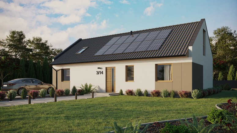 Projekt ERDOL 3 XL - Wersja lewa (salon po lewej stronie) - Dwuspadowy nowoczesny z poddaszem użytkowym – kąt nachylenia 35 stopni - Okno dachowe pokojowe i łazienkowe - Okno balkonowe w jadalni i okna na poddaszu do podłogi - Styropian, siatka i klej - Winchester - Instalacja fotowoltaiczna 4,8 kWp (12 paneli)
