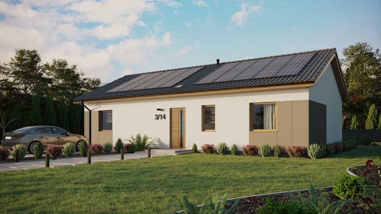 Projekt ERDOL 3 XL - Wersja lewa (salon po lewej stronie) - Dwuspadowy bez poddasza użytkowego – kąt nachylenia 25 stopni - Świetlik dachowy - Okna standardowe - Styropian, siatka i klej - Winchester - Instalacja fotowoltaiczna 8,0 kWp (20 paneli)