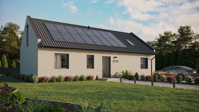Projekt ERDOL 3 XL - Wersja prawa (salon po prawej stronie) - Dwuspadowy nowoczesny z poddaszem użytkowym – kąt nachylenia 35 stopni - Okno dachowe pokojowe i łazienkowe - Okna na poddaszu do podłogi - Bez styropianu, siatki i kleju - Antracyt - Instalacja fotowoltaiczna 6,4 kWp (16 paneli)