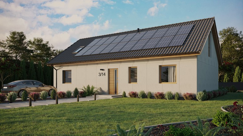 Projekt ERDOL 3 XL - Wersja lewa (salon po lewej stronie) - Dwuspadowy z poddaszem użytkowym – kąt nachylenia 35 stopni - Okno dachowe pokojowe i łazienkowe - Okno balkonowe w jadalni i okna na poddaszu do podłogi - Bez styropianu, siatki i kleju - Winchester - Instalacja fotowoltaiczna 8,0 kWp (20 paneli)