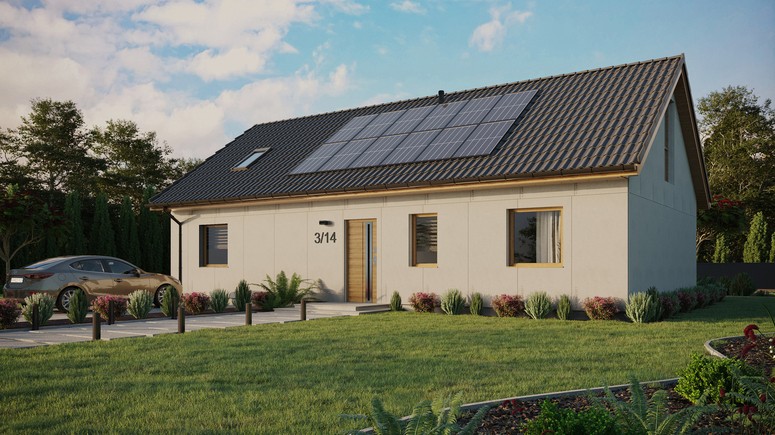 Projekt ERDOL 3 XL - Wersja lewa (salon po lewej stronie) - Dwuspadowy z poddaszem użytkowym – kąt nachylenia 35 stopni - Okno dachowe pokojowe i łazienkowe - Okno balkonowe w jadalni i okna na poddaszu do podłogi - Bez styropianu, siatki i kleju - Winchester - Instalacja fotowoltaiczna 4,8 kWp (12 paneli)